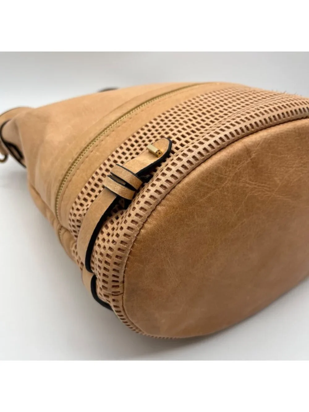 She + Lo Tan Perforated Drawstring Hobo Bag